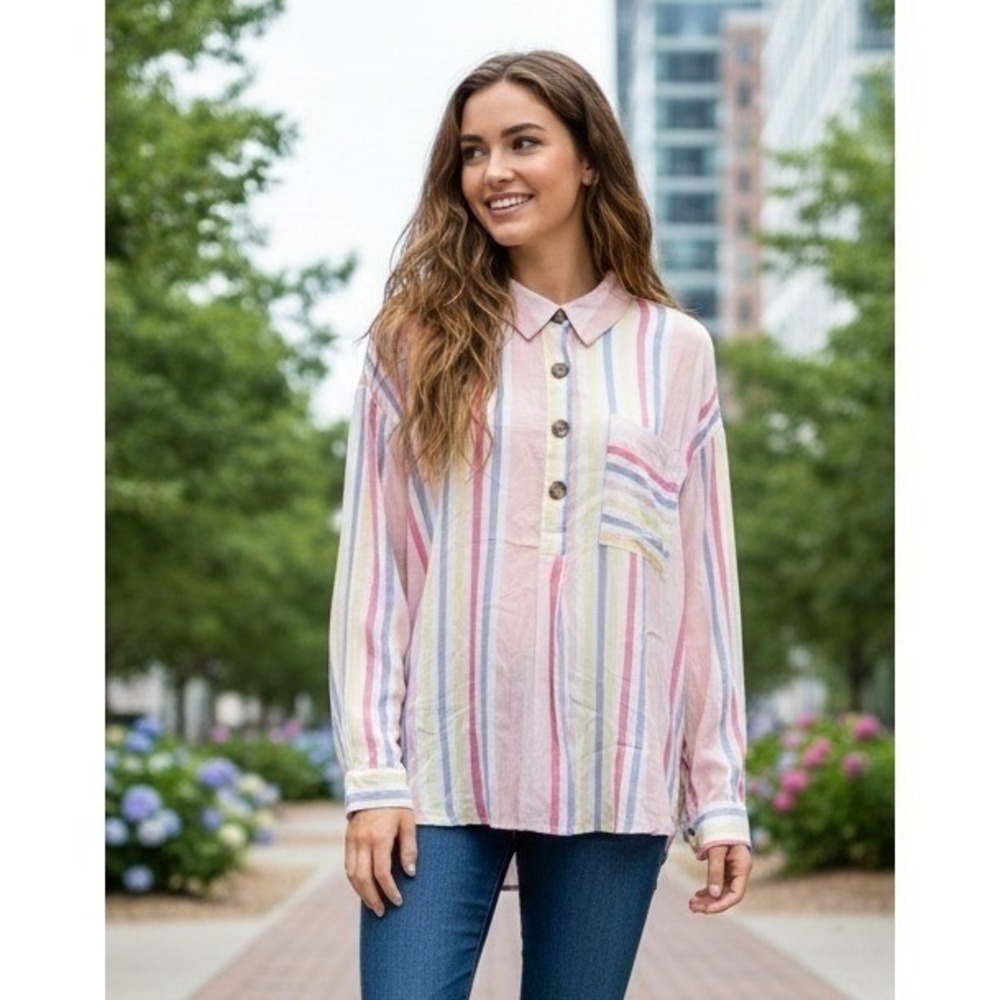 a.n.a Striped Long Sleeve Button Up Shirt Women's XL Coastal Vacation Travel‎